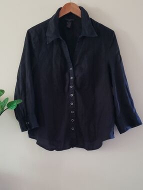 Anne Carson Woman Linen Snap Front 3/4 Sleeve Blouse - Black 1X